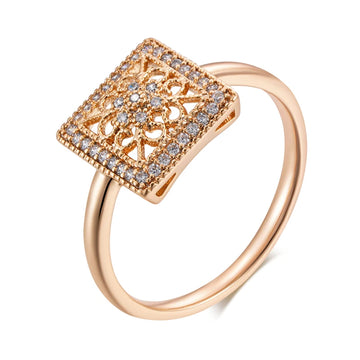 Unique Square Hollow Flower Rolled 14K Rose Gold AAA Zircon Diamonds Ring - Fashion Daily Fine Jewellery